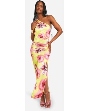 Boohoo Tall Slinky Asymmetric Floral Maxi Dress - Yellow