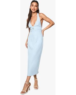 Boohoo Tailored Buckle Detail Halter Neck Midi Dress - Blue