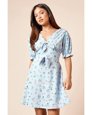 Dorothy Perkins Petite Floral Bow Front Puff Sleeve Jersey Mini Dress - Blue