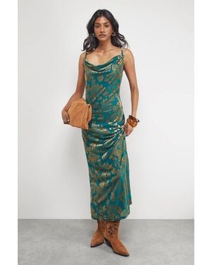Warehouse Devore Twist Cowl Neck Bias Midi Slip Dress - Green