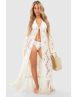 Boohoo Crochet Fringe Hem Beach Kimono - White