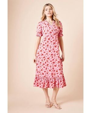 Dorothy Perkins Floral Wrap Front Frill Detail Tiered Hem Jersey Midi Dress - Pink