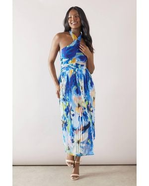 Wallis Floral Halterneck Pleated Midi Dress - Blue