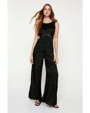Nasty Gal Fringe Satin Jacquard Wide Leg Jumpsuit - Black