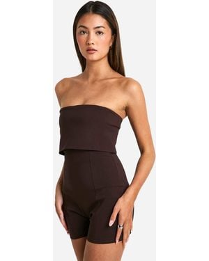 Boohoo Longline Foldover Bandeau Romper - Brown