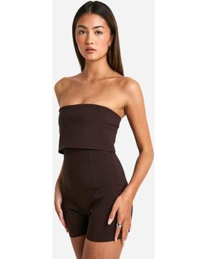 Boohoo Longline Foldover Bandeau Romper - Brown