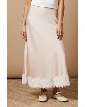 Oasis Petite Satin Bias Cut Lace Hem Skirt - Brown