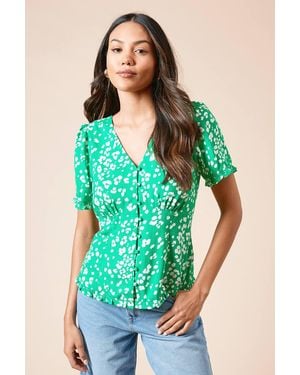 Dorothy Perkins Floral Button Up Frill Detail Top - Green
