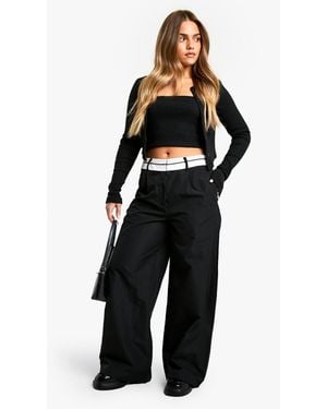 Boohoo Petite Reverse Waistband Tailored Wide Leg Pants - Black