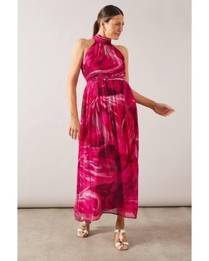Wallis Feather Print Viscose Tie Neck Midi Dress - Pink