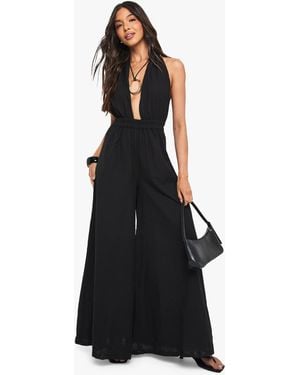 Boohoo Linen Look Halterneck Plunge Jumpsuit - Black