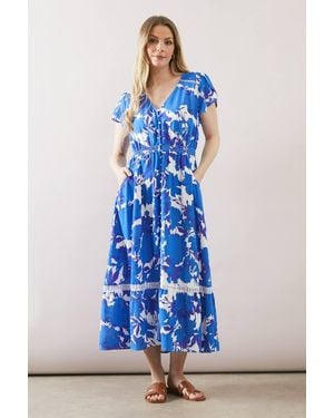 Wallis Floral Button Detail Lace Trim Midaxi Dress - Blue