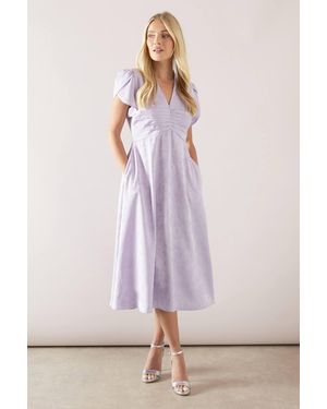 Wallis Petite Satin Jacquard Pleat Detail Midi Dress - Purple