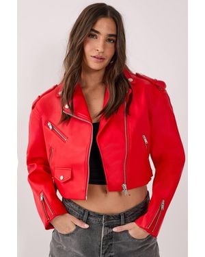Nasty Gal Essentials Cropped Faux Leather Boxy Biker - Red