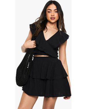 Boohoo Minifalda De Estopilla De Tela Doble Con Volante - Negro