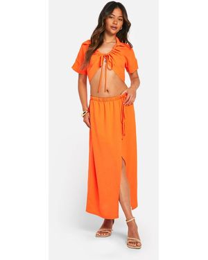 Boohoo Hammered Ruched Front Shirt & Wrap Midaxi Skirt - Orange