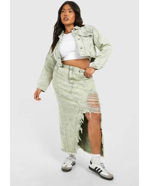 Boohoo Plus Washed Khaki Acid Wash Distressed Denim Maxi Skirt - Gray