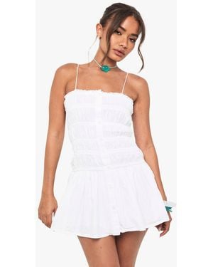 Boohoo Cotton Shirred Bandeau Button Mini Dress - White