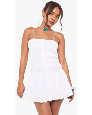 Boohoo Cotton Shirred Bandeau Button Mini Dress - White