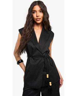 Boohoo Tailored Linen Look Longline Belted Waistcoat - Black