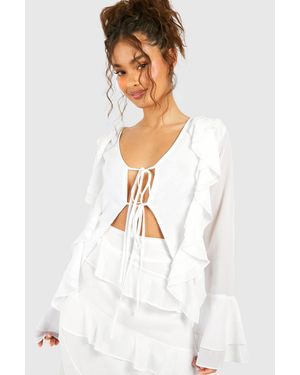 Boohoo Chiffon Tie Blouse - White