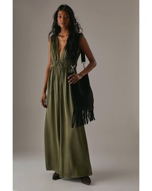 Warehouse Crinkle Satin Plunge Neck Tie Detail Jumpsuit - Green