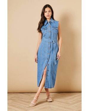 Oasis Belted Waist Pocket Detail Midi Dress - Blue