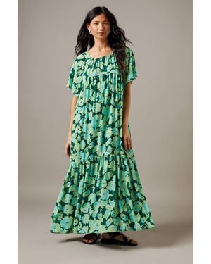 Warehouse Chiffon Tier Smock Midi Dress - Green