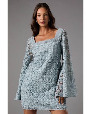 Coast Long Sleeve Square Neck Embroidered Mini Dress - Gray