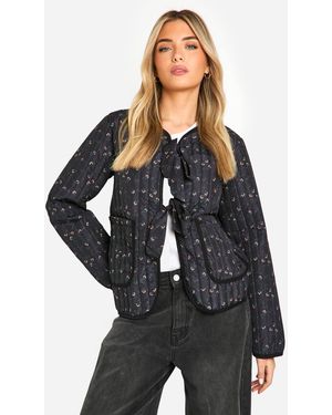 Boohoo Floral Bow Detail Quilted Jacket - Black