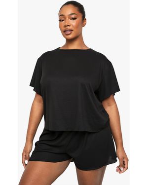 Boohoo Plus Brushed Rib T-Shirt & Short Pj Set - Black