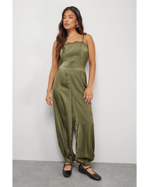 Warehouse Petite Satin Lace Trim Elasticated Cuff Strappy Jumpsuit - Green