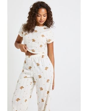 Boohoo Pointelle Bear Print Baby Tee And Wide Leg Trouser Pyjama Set - White