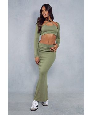 MissPap Rib Tie Neck Top & Maxi Skirt Co-Ord - Green
