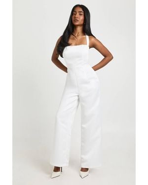Boohoo Premium Satin Boned Corset Halterneck Wide Leg Jumpsuit - White