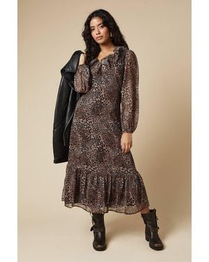 Dorothy Perkins Petite Leopard Chiffon Ruffle Neck Long Sleeve Midi Dress - Brown
