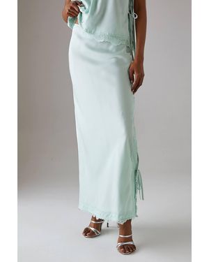 Warehouse Satin Lace Bias Midi Skirt - Blue
