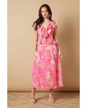 Oasis Floral Ruffle Detail V Neck Midi Dress - Pink