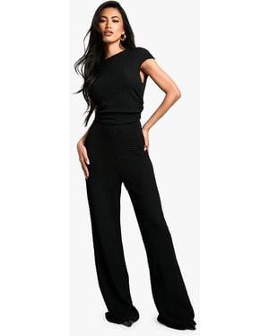 Boohoo Cap Sleeve Textured Wide Leg Jumpsuit - Black