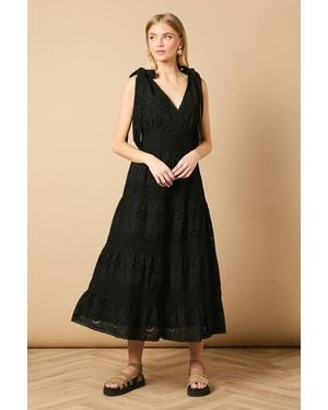 Oasis Tie Shoulder V Neck Broderie Midi Dress - Black