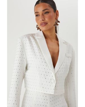 MissPap Diamante Embellished Crop Blazer - White