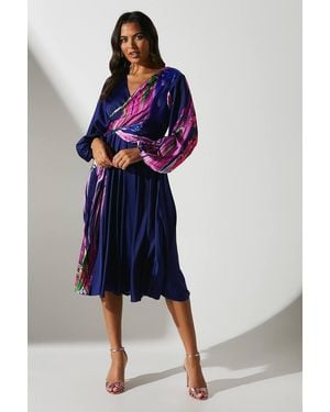 Coast Satin Long Sleeve Printed Midi Wedding Guest Dress - Blue