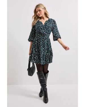 Dorothy Perkins Abstract Wrap Front Blouson Sleeve Mini Dress - Blue
