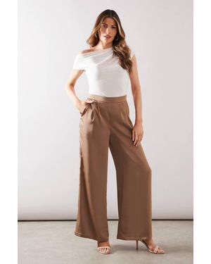 Wallis Satin Pleat Detail Wide Leg Trouser - Brown