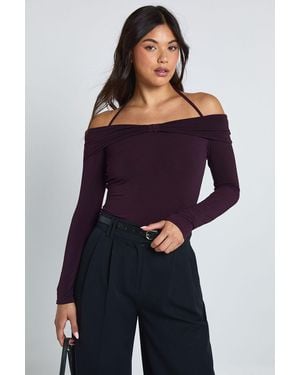 Boohoo Slinky Bow Bardot Detail Top - Azul