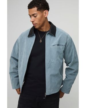 BoohooMAN Oversized Boxy Contrast Collar Faux Suede Harrington Jacket - Blau