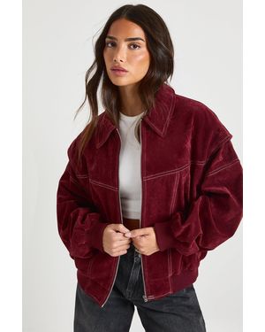 Boohoo Petite Faux Suede Contrast Stitch Bomber Jacket - Red
