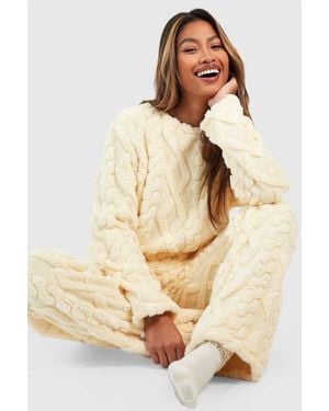 Boohoo Cable Knit Fleece Lounge Sweatshirt - Natural