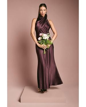 Coast Satin Bias Cut High Neck Fishtail Bridesmaid Maxi Dress - Brown