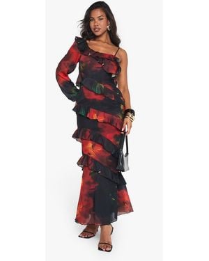 Boohoo Dark Floral Ruffle Maxi Dress - Red